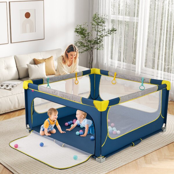 Costway Box pieghevole per bambini con rete trasparente 150 x 150 cm senza montaggio, Recinto per bambini con cancello con cerniera Blu