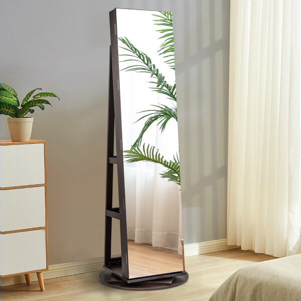 Costway Armadio portagioielli girevole con specchio a figura intera luci LED, Organizer da terra di gioielli Caffè