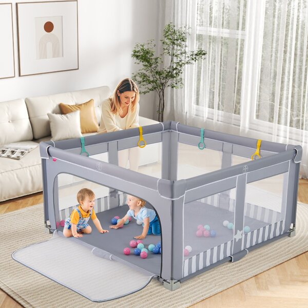 Costway Box per bambini 150 x 150 cm senza montaggio, Recinto pieghevole per bambini con cancello con cerniera Grigio