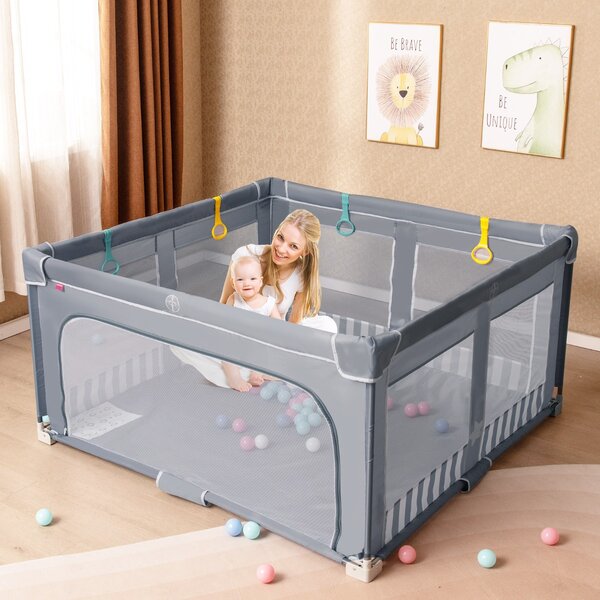 Costway Box per bambini 150 x 150 cm senza montaggio, Recinto pieghevole per bambini con cancello con cerniera Grigio