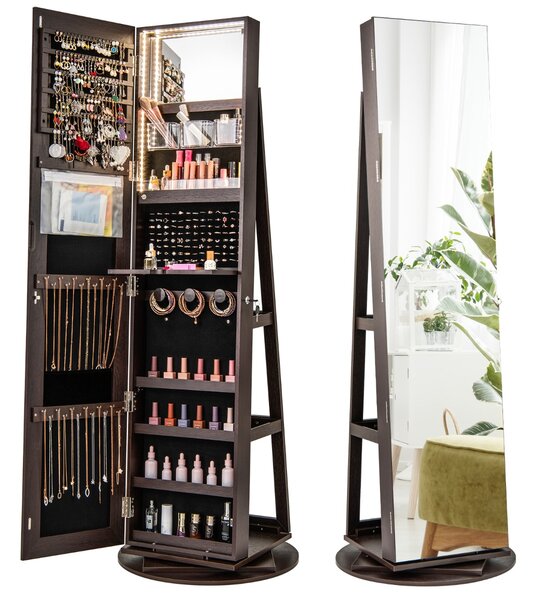 Costway Armadio portagioielli girevole con specchio a figura intera luci LED, Organizer da terra di gioielli Caffè
