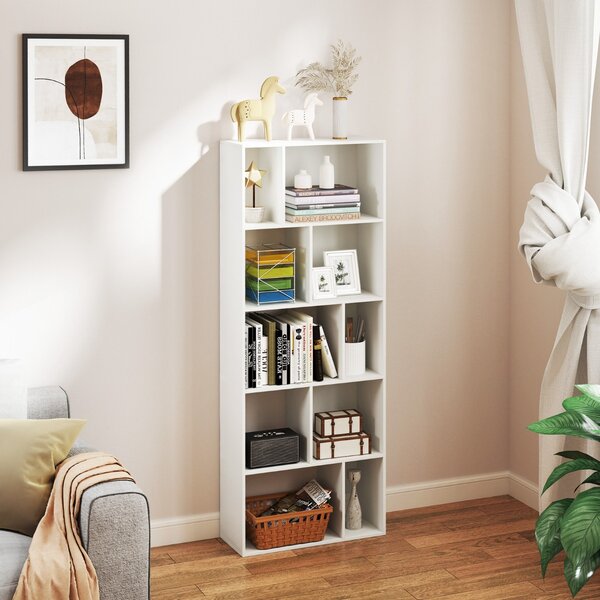 Costway Libreria a 5 piani in legno con 10 scomparti, Scaffale di stoccaggio autoportante per studio e soggiorno Bianco