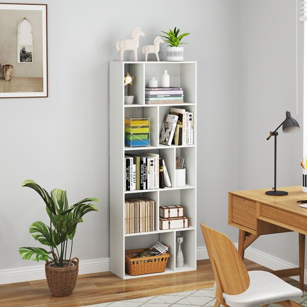 Costway Libreria a 5 piani in legno con 10 scomparti, Scaffale di stoccaggio autoportante per studio e soggiorno Bianco
