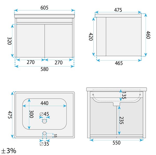 Set di mobili da bagno con lavabo Luno DB68-60 60CM