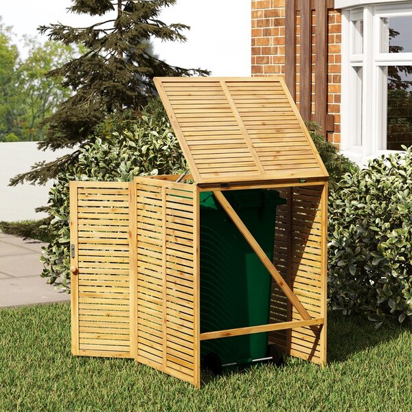 Costway Casetta per bidone della spazzatura in legno da 120L, Rifugio esterno per contenitore rifiuti con coperchio apribile Naturale