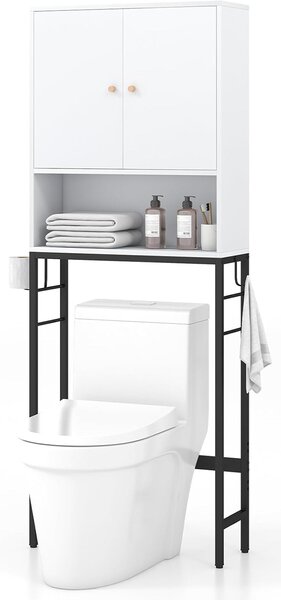 Costway Armadio sopra il wc, Supporto per wc autoportante con 2 porte ripiano regolabile Bianco