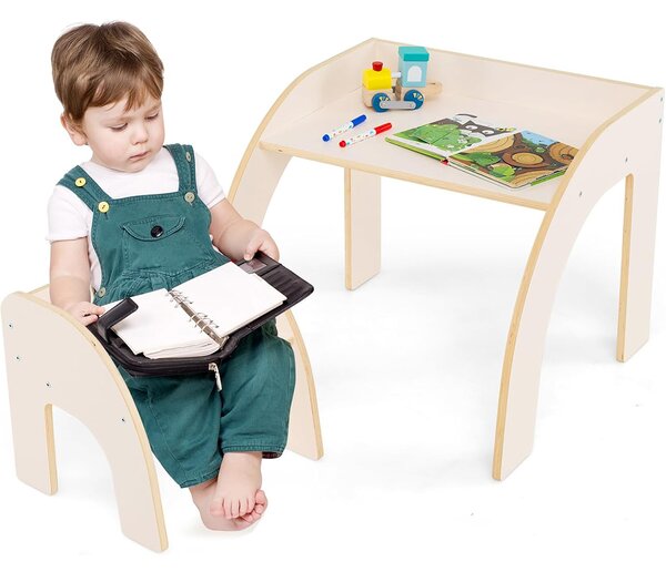 Costway Set tavolo e sedia per bambini 3+ anni, Attività carino con ampio piano d'appoggio e bordo curvato Bianco