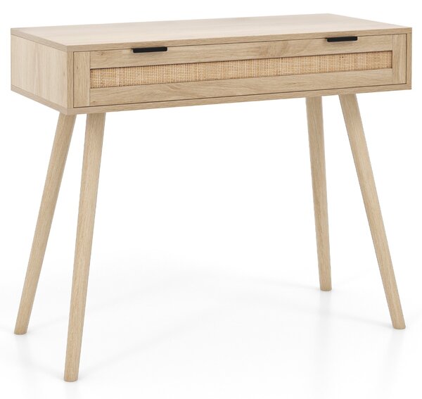 Costway Tavolo consolle in rattan per divano con cassetto rstraibile in legno, Tavolo d'ingresso in stile boho Naturale