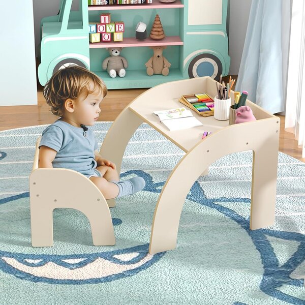 Costway Set tavolo e sedia per bambini 3+ anni, Attività carino con ampio piano d'appoggio e bordo curvato Bianco