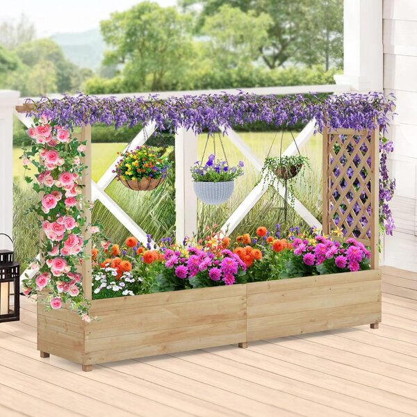 Costway Letto da giardino rialzato con traliccio a 2 lati e tetto pensile, Vaso da fiori in legno di abete con fori di drenaggio e spazi Inferiori Naturale