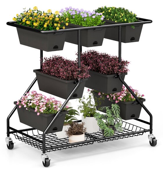 Costway Letto da giardino verticale sollevato con 7 vasi, Portavasi verticale a 3 livelli con cestini portaoggetti fori Nero