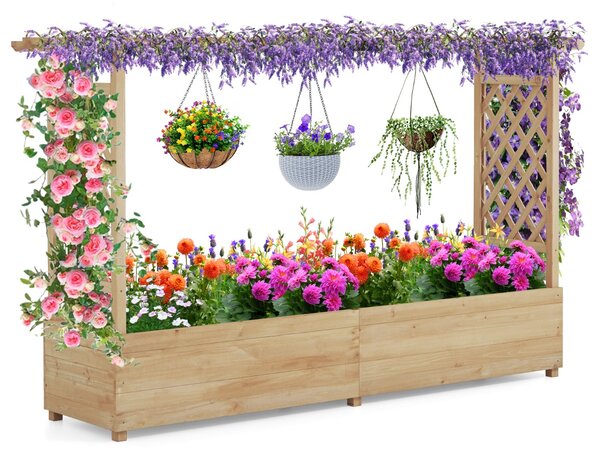 Costway Letto da giardino rialzato con traliccio a 2 lati e tetto pensile, Vaso da fiori in legno di abete con fori di drenaggio e spazi Inferiori Naturale