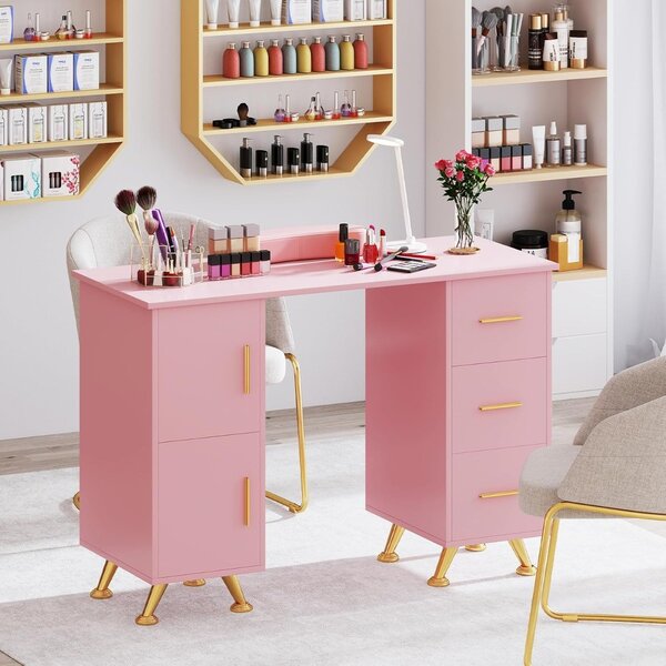 Costway Tavolo per unghie con cassetti, Postazione lavoro in legno per nail art per salone di bellezza Rosa