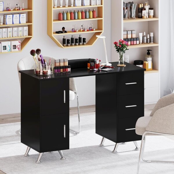 Costway Tavolo per unghie con cassetti, Postazione lavoro in legno per nail art per salone di bellezza Nero