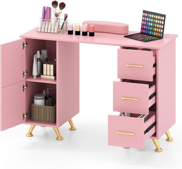 Costway Tavolo per unghie con cassetti, Postazione lavoro in legno per nail art per salone di bellezza Rosa