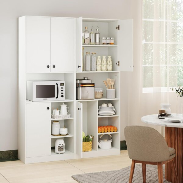 Costway Mobile cucina dispensa con 2 armadietti e 3 ante, Credenza alta per cucina con 4 ripiani aperti Bianco