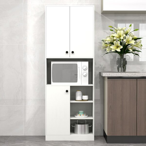 Costway Mobile cucina dispensa con 2 armadietti e 3 ante, Credenza alta per cucina con 4 ripiani aperti Bianco