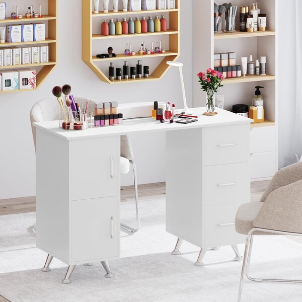 Costway Tavolo per unghie con cassetti, Postazione lavoro in legno per nail art per salone di bellezza Bianco