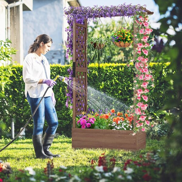 Costway Fioriera rialzata da giardino con grigliato fori di drenaggio, Aiuola verticale per piante rampicanti vite fiore Marrone 110 x 44 x 182 cm