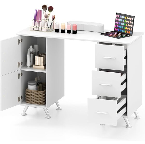 Costway Tavolo per unghie con cassetti, Postazione lavoro in legno per nail art per salone di bellezza Bianco