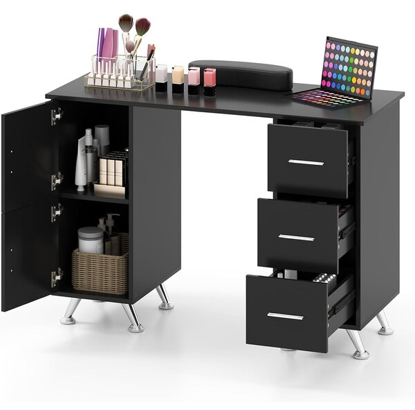 Costway Tavolo per unghie con cassetti, Postazione lavoro in legno per nail art per salone di bellezza Nero