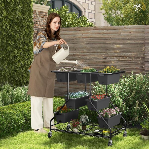 Costway Letto da giardino verticale sollevato con 7 vasi, Portavasi verticale a 3 livelli con cestini portaoggetti fori Nero