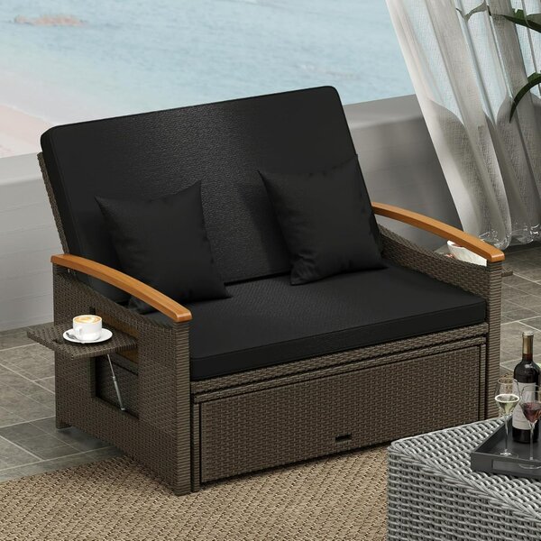 Costway Set divano da giardino in rattan con cuscino e panca contenitore, Divano letto da esterno Nero