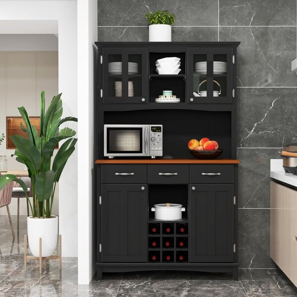 Costway Credenza da cucina per microonde, Armadietto dispensa da cucina alto con ante in vetro temperato Nero