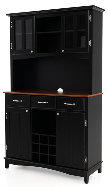 Costway Credenza da cucina per microonde, Armadietto dispensa da cucina alto con ante in vetro temperato Nero