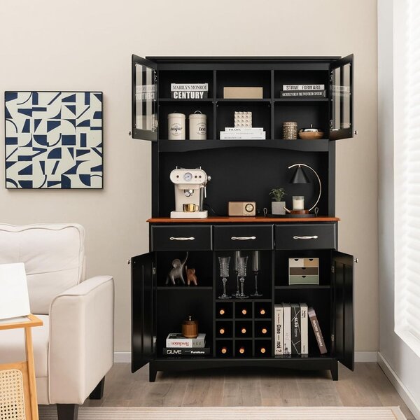 Costway Credenza da cucina per microonde, Armadietto dispensa da cucina alto con ante in vetro temperato Nero