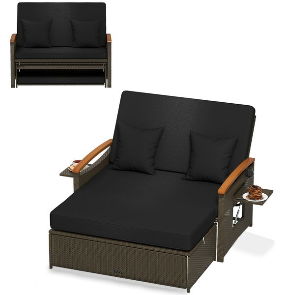 Costway Set divano da giardino in rattan con cuscino e panca contenitore, Divano letto da esterno Nero