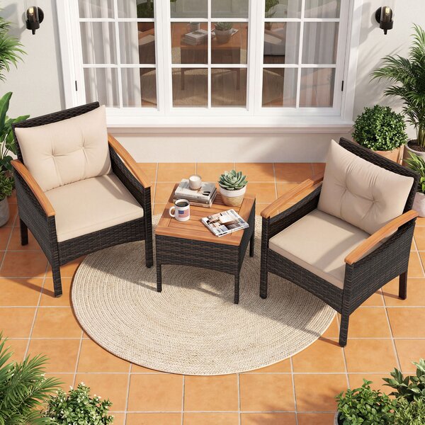 Costway Set di divani in rattan per esterni con tavolino, Set di mobili da patio 3 pezzi per cortile Beige