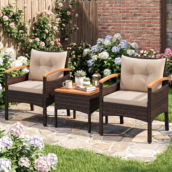 Costway Set di divani in rattan per esterni con tavolino, Set di mobili da patio 3 pezzi per cortile Beige