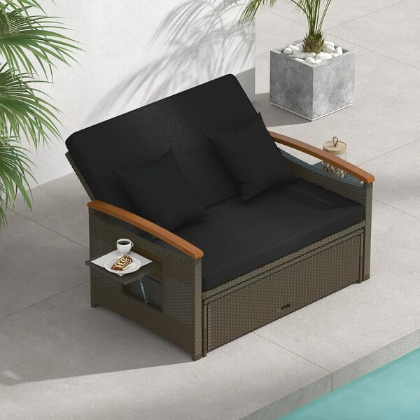 Costway Set divano da giardino in rattan con cuscino e panca contenitore, Divano letto da esterno Nero