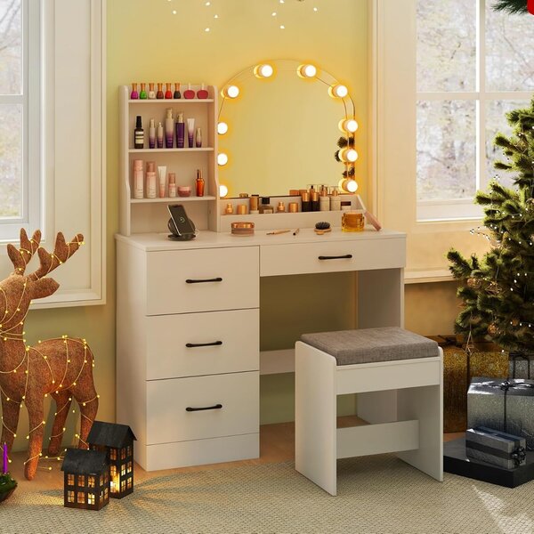 Costway Scrivania da trucco con specchio e luci, Set tavolo da trucco e sgabello con stazione di ricarica Bianco