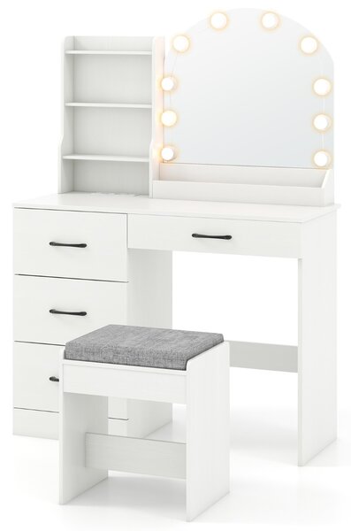 Costway Scrivania da trucco con specchio e luci, Set tavolo da trucco e sgabello con stazione di ricarica Bianco