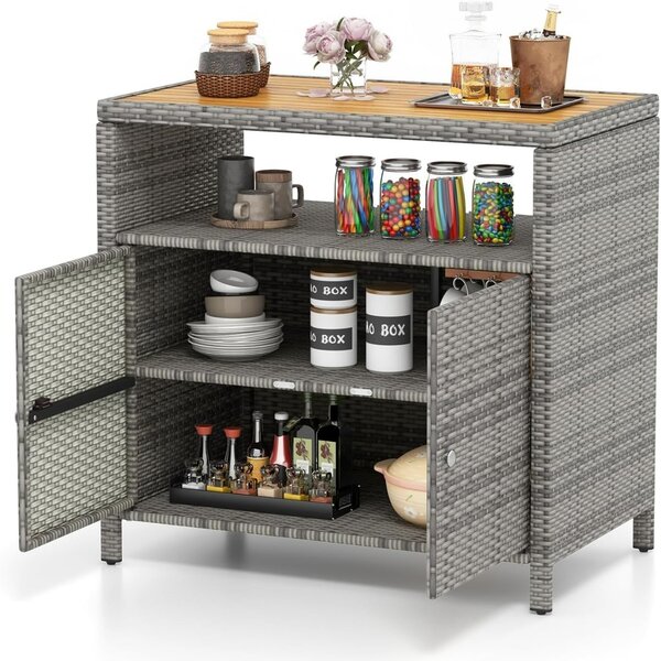 Costway Armadietto portaoggetti in rattan a 2 ante, Credenza in vimini per piscina e terrazza e patio Grigio
