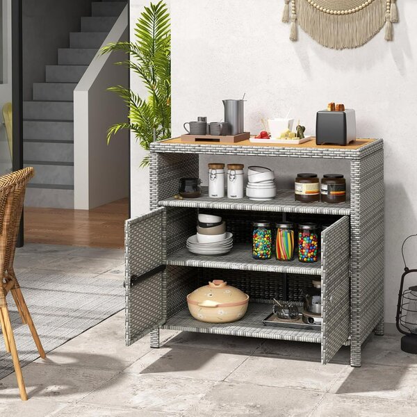Costway Armadietto portaoggetti in rattan a 2 ante, Credenza in vimini per piscina e terrazza e patio Grigio