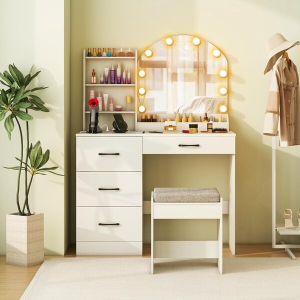 Costway Scrivania da trucco con specchio e luci, Set tavolo da trucco e sgabello con stazione di ricarica Bianco