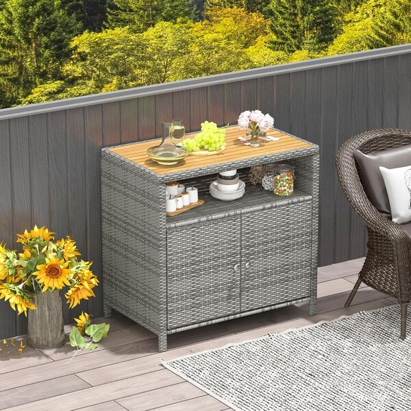 Costway Armadietto portaoggetti in rattan a 2 ante, Credenza in vimini per piscina e terrazza e patio Grigio