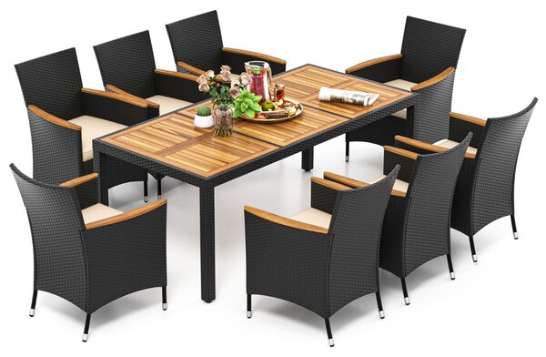 Costway Set da pranzo da patio 9 pezzi, Tavolo da pranzo esterno con piano in legno di acacia Nero