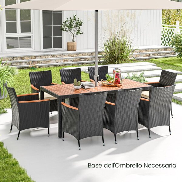 Costway Set da pranzo da patio 9 pezzi, Tavolo da pranzo esterno con piano in legno di acacia Nero