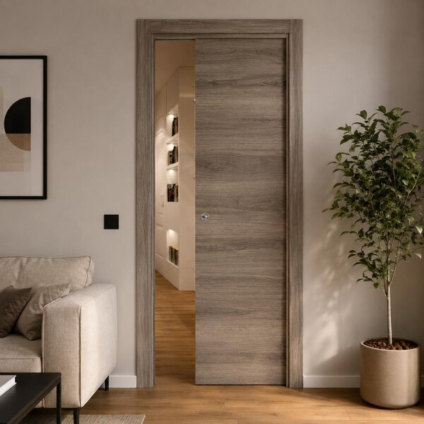 Porta da interno scorrevole reversibile olmo nocciola effetto venato in MDF H210 cm - 60xH210 cm