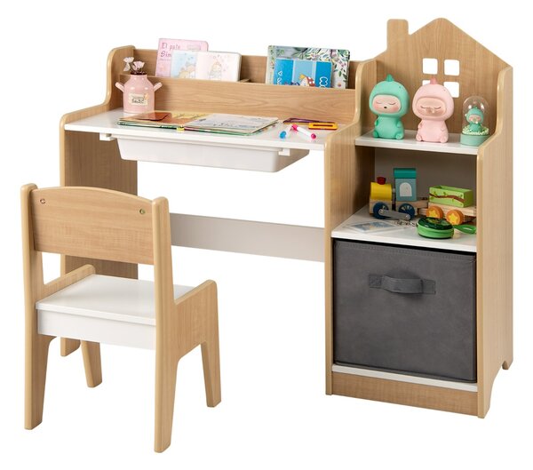 Costway Set scrivania e sedia per bambini con mensole aperte e cassetto in tessuto, Tavolo da studio per bambini Naturale