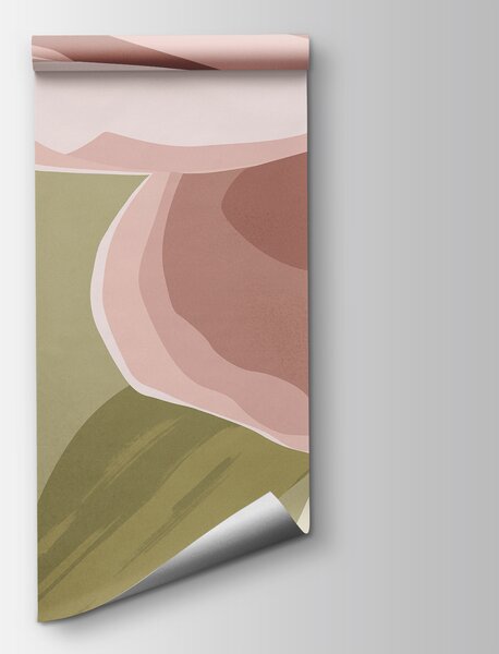 Carta da parati Fiore rosa con foglie verdi, Carta da parati Floreale, Carta da parati popolare, t01022v4 - Tapeko.it
