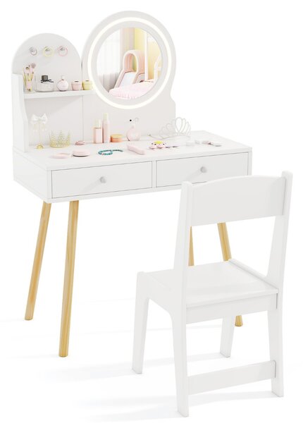 Costway Set da trucco per bambini con specchio illuminato, Set da tavolo e sedia da principessa con ripiano aperto Bianco