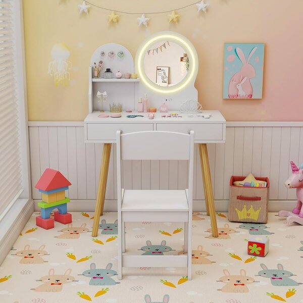 Costway Set da trucco per bambini con specchio illuminato, Set da tavolo e sedia da principessa con ripiano aperto Bianco