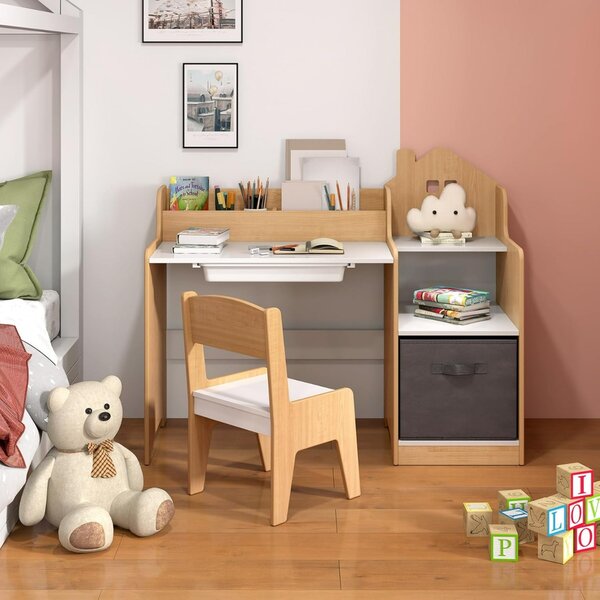 Costway Set scrivania e sedia per bambini con mensole aperte e cassetto in tessuto, Tavolo da studio per bambini Naturale