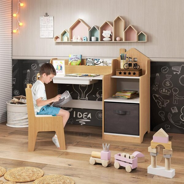 Costway Set scrivania e sedia per bambini con mensole aperte e cassetto in tessuto, Tavolo da studio per bambini Naturale