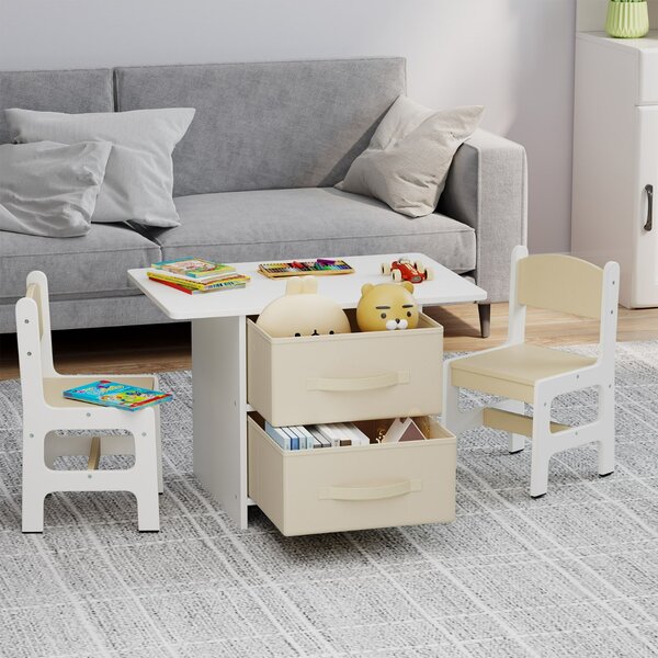 Costway Set di tavolo e 2 sedie bambini, Set di scrivania da 3 pezzi con ceste portaoggetti rimovibili per stanza giochi Beige e Bianco